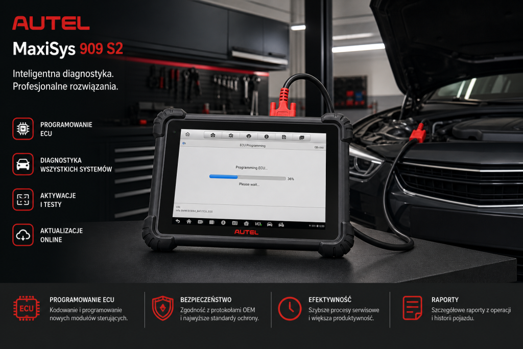Autel MaxiSys 909 S2 podłączony do samochodu podczas programowania sterownika przez PassThru