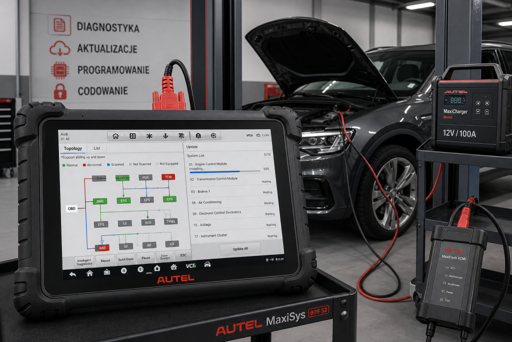 Autel MaxiSys 909 S2 pokazujący komunikację z modułami pojazdu podczas aktualizacji przez PassThru