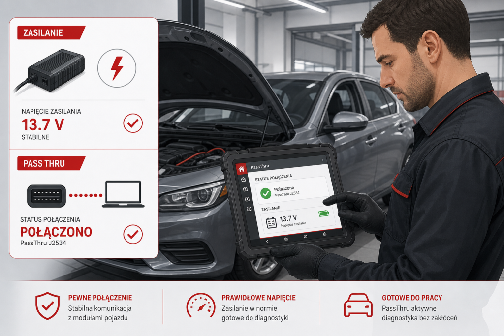 Mechanik kontrolujący napięcie i komunikację przed rozpoczęciem programowania ECU PassThru