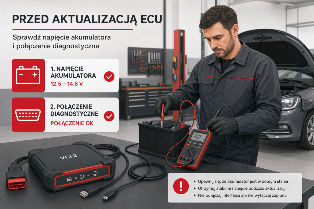Mechanik sprawdzający stabilne warunki przed aktualizacją sterownika ECU przez PassThru