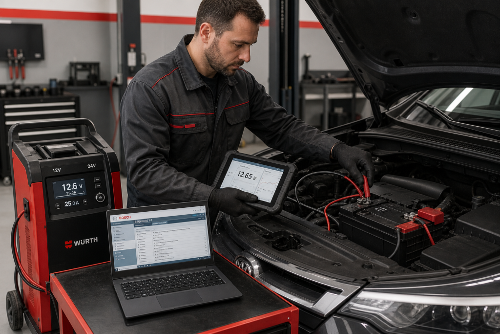 Mechanik sprawdzający zgodność PassThru i stabilność zasilania przed aktualizacją ECU