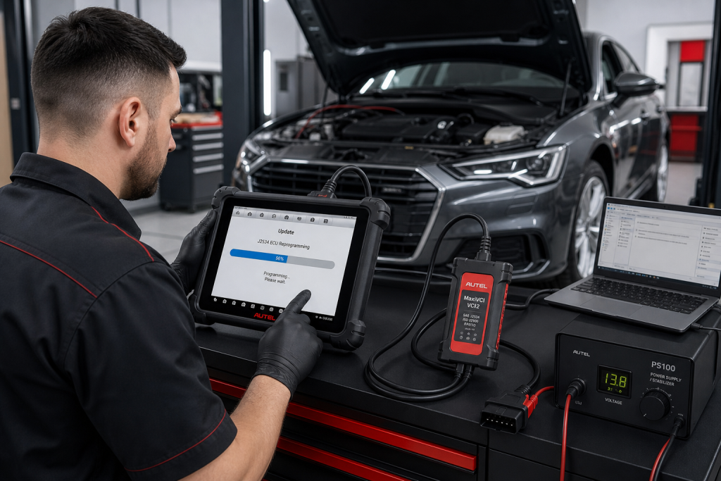 Technik wykonujący aktualizację sterownika silnika przez PassThru przy użyciu Autel MaxiSys 909 S2 w warsztacie