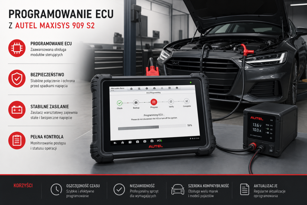 Tester Autel MaxiSys 909 S2 podłączony do samochodu podczas programowania ECU w warsztacie