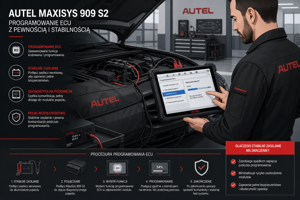Tester Autel MaxiSys 909 S2 podłączony do samochodu podczas programowania sterownika silnika